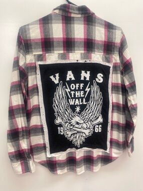 Upcycled Vans 'Off The Wall' Patch Plaid Flannel - Pink, Black, White size S